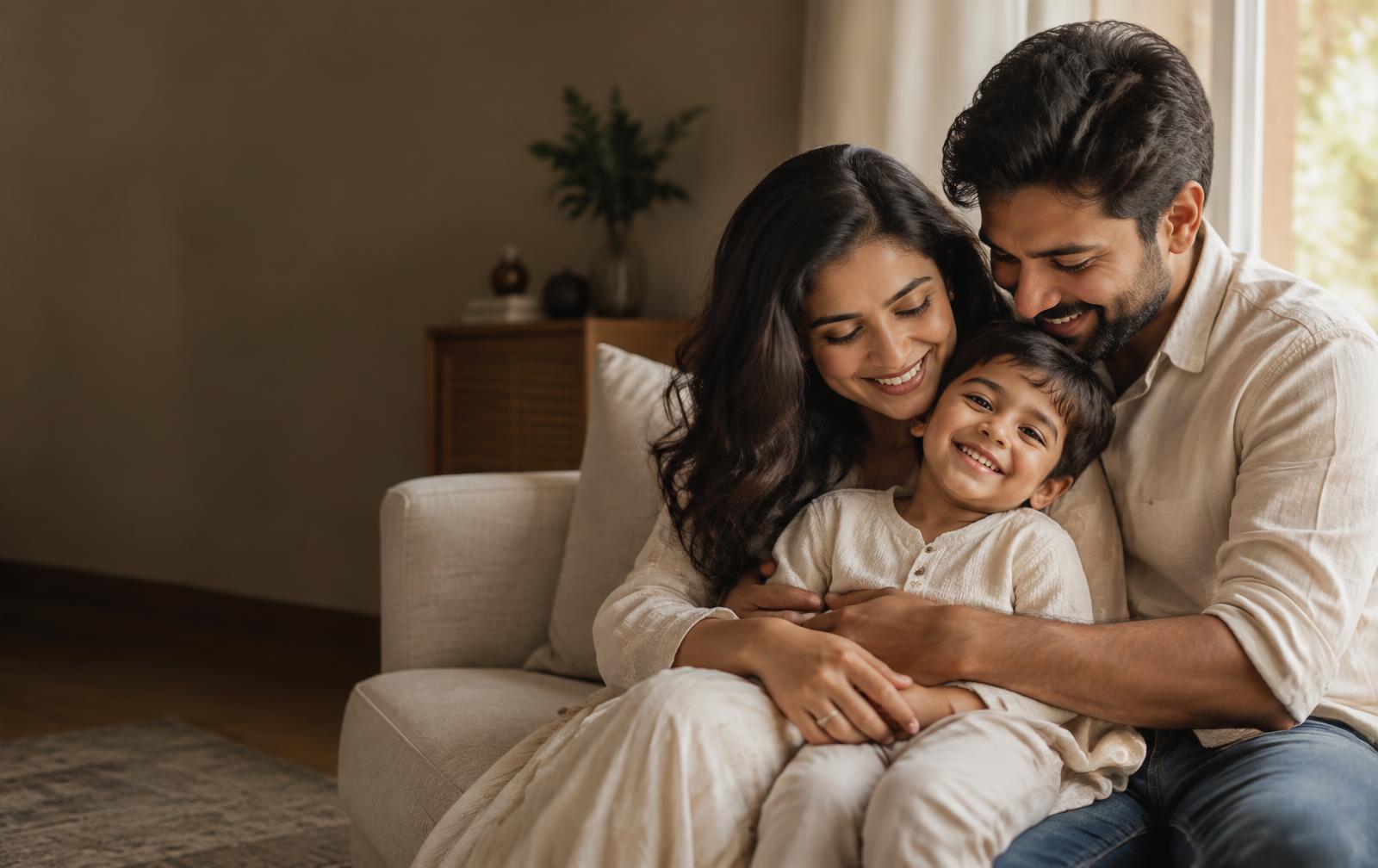 Representative family portrait of parents embracing their child