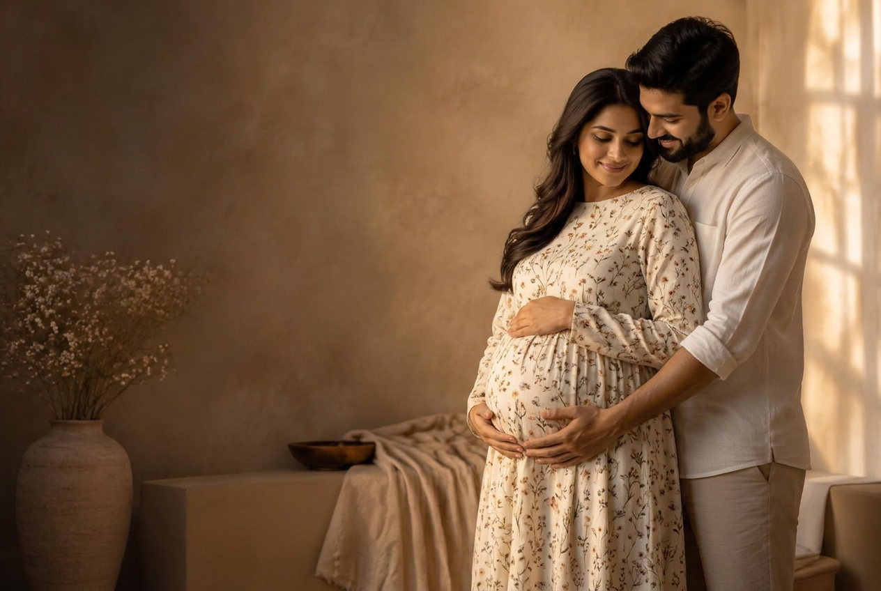 Expecting couple in a warm studio maternity portrait